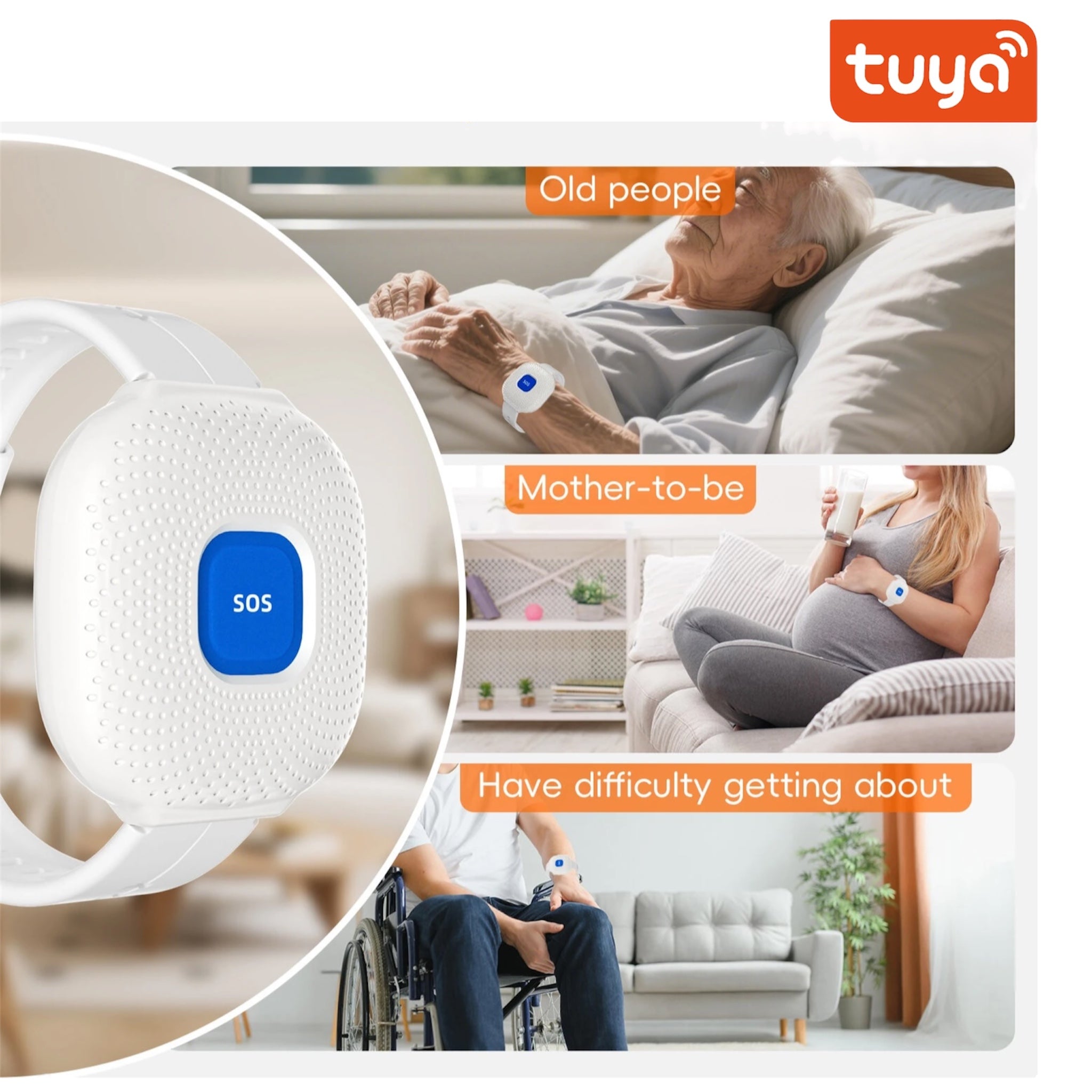 AIO CF103 Tuya Smart WiFi Safety SOS Bracelet Emergency Alert /SOS Watch Elderly Fall Alarm /SOS Call Panic Button Waterproof Design (White/Black)