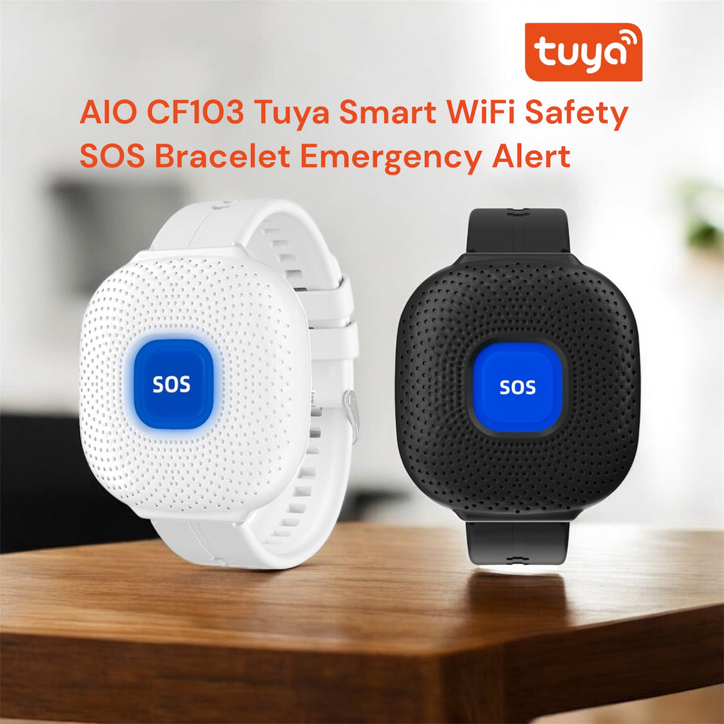 AIO CF103 Tuya Smart WiFi Safety SOS Bracelet Emergency Alert /SOS Watch Elderly Fall Alarm /SOS Call Panic Button Waterproof Design (White/Black)