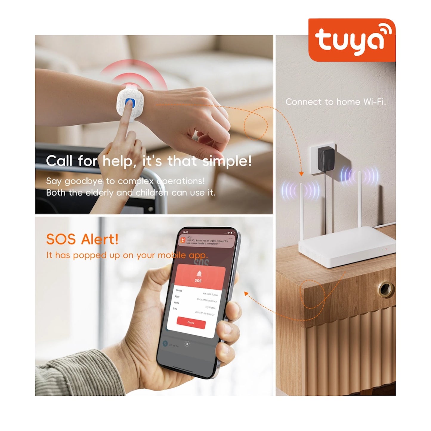 AIO CF103 Tuya Smart WiFi Safety SOS Bracelet Emergency Alert /SOS Watch Elderly Fall Alarm /SOS Call Panic Button Waterproof Design (White/Black)